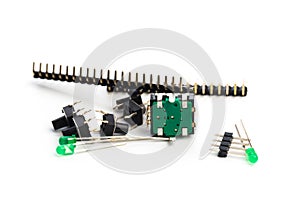Buttons, led, encoder and connectors isolated on white