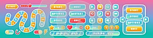 Buttons for mobile user game ui interface in pink and blue colours. Cartoon navigation app menu elements, glossy buttons