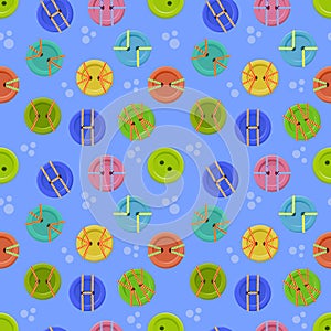 Buttons sew on blue background seamless pattern.