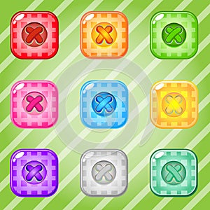 Buttons Square of bright colors set fo clothing. Collection cute glossy in different colors.