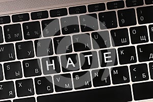 Buttons with text Hate on computer keyboard, top view