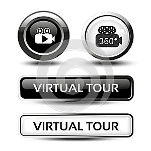 Buttons for virtual tour, black and white circular labels with camera and rectangle buttons, glossy design