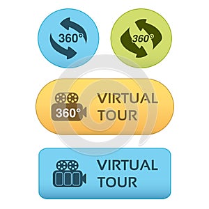 Buttons for virtual tour, blue, green and orange labels - stickers with arrows and camera