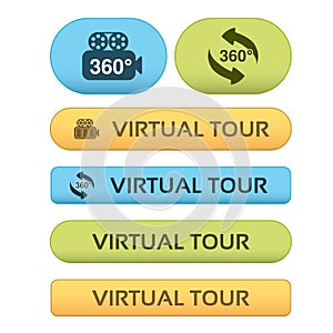 Buttons for virtual tour, blue, green and orange labels - stickers with arrows and camera