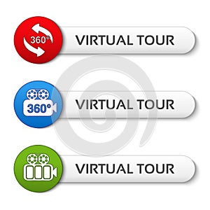 Buttons for virtual tour, red, green and blue labels - stickers with arrows and camera photo