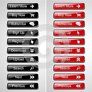 Buttons for website or app. Button - Buy now, Subscribe, Sign Up, Register, Download, Upload, Search, Next, Previous, Learn More