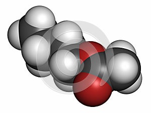 Butyl acetate molecule. Used as synthetic fruit flavoring and as organic solvent. Atoms are represented as spheres with photo