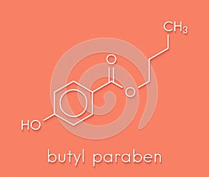Butyl paraben butylparaben, butyl 4-hydroxybenzoate preservative molecule. Skeletal formula. photo