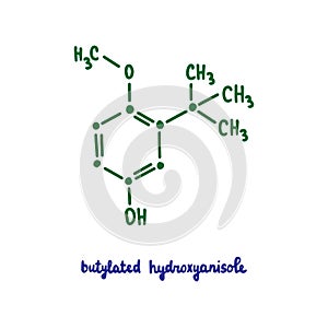 Butylated hydroxyanisole hand drawn vector formula chemical structure lettering blue green