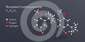 butylated hydroxyanisole molecule 3d rendering, flat molecular structure with chemical formula and atoms color coding