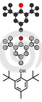 Butylated hydroxytoluene BHT antioxidant molecule. Stylized 2D renderings and conventional skeletal formula.