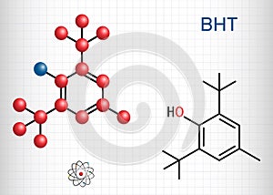 Butylated hydroxytoluene, BHT, dibutylhydroxytoluene molecule. It is lipophilic organic compound, antioxidant, food additive E321