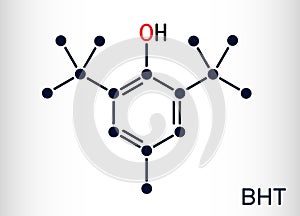 Butylated hydroxytoluene, BHT, dibutylhydroxytoluene molecule. It is lipophilic organic compound, antioxidant, food additive E321