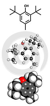 Butylated hydroxytoluene (BHT) food additive, molecular model