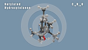 Butylated hydroxytoluene of C15H24O 3D Conformer animated render. Food additive E321. Alpha layer, seamless loop