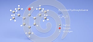 butylated hydroxytoluene molecule, molecular structures, food additive e321, 3d model, Structural Chemical Formula and Atoms with