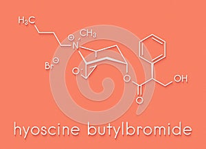 Butylscopolamine hyoscine butylbromide, scopolamine butylbromide, butylhyoscine drug molecule. Used in treatment of abdominal.