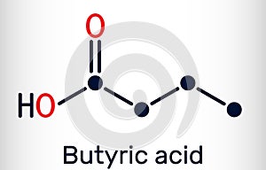 Butyric acid, butanoic acid molecule. Butyrates or butanoates are salts and esters . Skeletal chemical formula photo