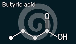 Butyric acid, butanoic acid molecule. Butyrates or butanoates are salts and esters . Skeletal chemical formula on the dark blue