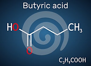 Butyric acid, butanoic acid molecule. Butyrates or butanoates are salts and esters . Structural chemical formula on the dark blue photo