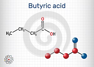 Butyric acid, butanoic acid molecule. Butyrates or butanoates are salts and esters. Sheet of paper in a cage. Structural chemical photo