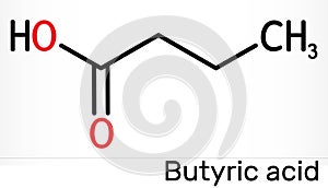 Butyric acid, butanoic acid molecule. Butyrates or butanoates are salts and esters . Skeletal chemical formula photo