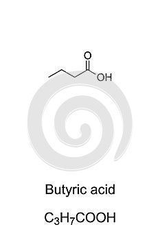 Butyric acid, butanoic acid, chemical formula and skeletal structure photo