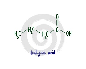 Butyric acid hand drawn vector formula chemical structure lettering blue green