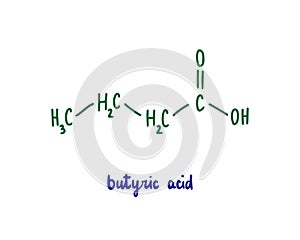 Butyric acid hand drawn vector formula chemical structure lettering blue green photo