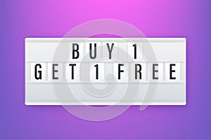 Buy 1 Get 1 Free, sale tag, banner design template. Lightbox. Vector stock illustration.