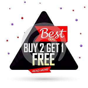 Buy 2 Get 1 Free, Sale banner design template, discount tag, app icon, vector illustration