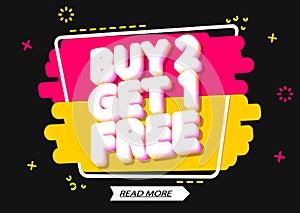 Buy 2 Get 1 Free, Sale banner design template, discount tag, app icon, vector illustration