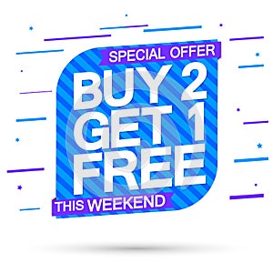 Buy 2 Get 1 Free, Sale banner design template, discount tag, app icon, vector illustration