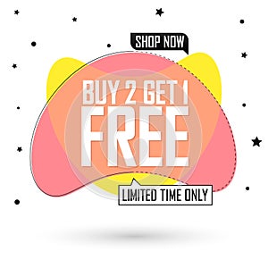 Buy 2 Get 1 Free, Sale banner design template, discount tag, end of season, app icon, vector illustration