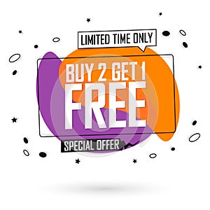 Buy 2 Get 1 Free, Sale banner design template, discount tag, end of season, app icon, vector illustration