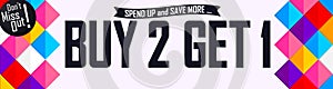 Buy 2 Get 1 Free, sale web banner design template, discount horizontal poster, vector illustration