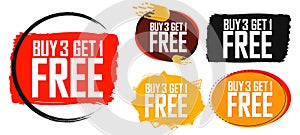 Buy 3 Get 1 Free, Set Sale banners design template, discount tags collection, great offer, vector illustration