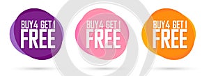 Buy 4 Get 1 Free, Set Sale bubble banners design template, discount tags, app icons, vector illustration