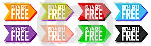 Buy 4 Get 1 Free, Set Sale bubble banners design template, discount tags, app icons, vector illustration