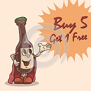 buy 5 get one free promotional mascot. funky beer retro mascot illustration