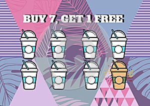 Buy 7, get 1 free in white text with takeaway coffee cups on pink and grey triangle and leaf pattern