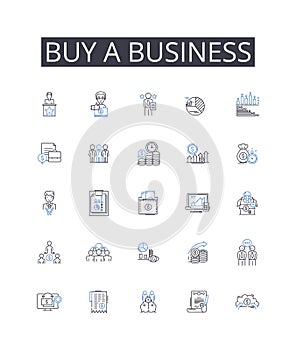 Buy a business line icons collection. Purchase a company, Acquire an enterprise, Procure a firm, Obtain an establishment