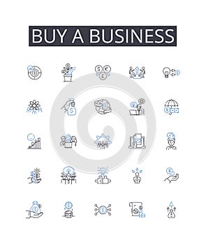 Buy a business line icons collection. Purchase a company, Acquire an enterprise, Procure a firm, Obtain an establishment