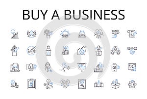 Buy a business line icons collection. Purchase a company, Acquire an enterprise, Procure a firm, Obtain an establishment