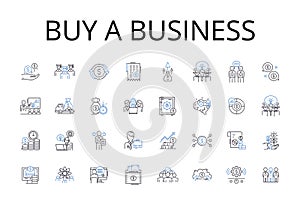 Buy a business line icons collection. Purchase a company, Acquire an enterprise, Procure a firm, Obtain an establishment