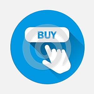Buy button vector icon with long shadow. The hand presses the buy button on the Internet. Vector illustration on blue background.