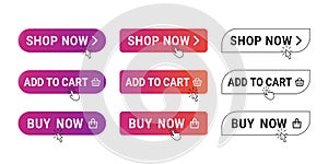 Buy buttons. Shop now banner with mouse click, shopping cart icon and buying with hand pointer cursor vector set