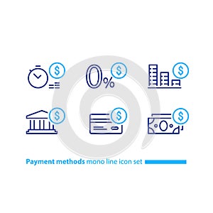 Buy in credit concept, payment installment plan, zero fee offer, line icons