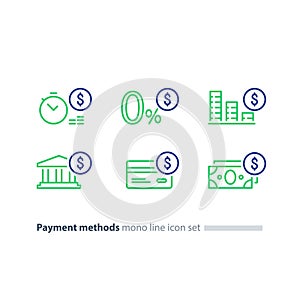 Buy in credit concept, payment installment plan, zero fee offer, line icons photo