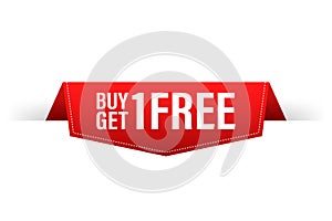 Buy 1 get 1 free. Red Label. Red Web Ribbon. Vector stock illustration.